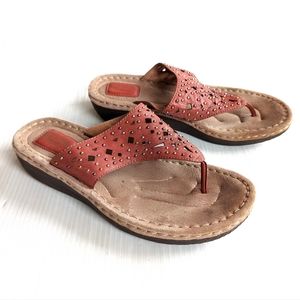 CLARKS studded embellished red leather platform comfort Thong Sandals Size 10